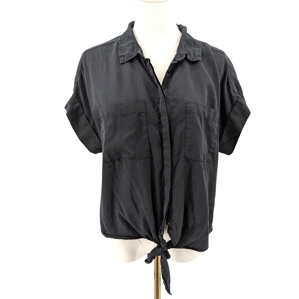 Black tie front utility tencel blouse pocket button front casual top‎ M